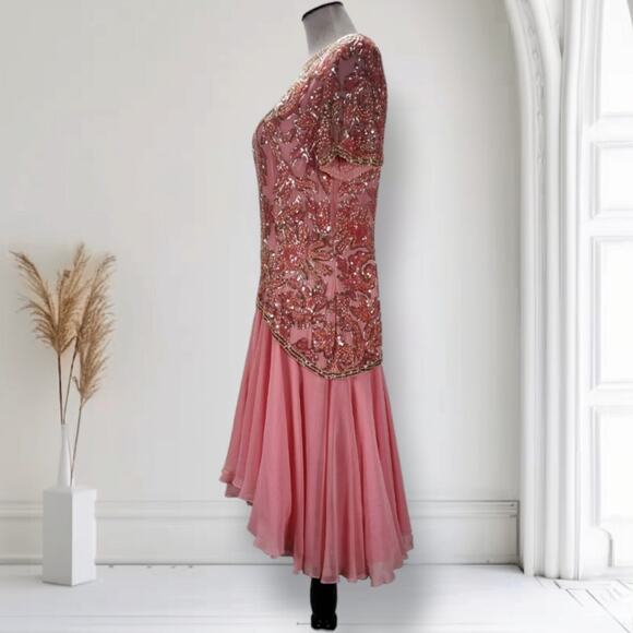 Vintage Lillie Rubin Sequin Silk Cocktail Dress Size 8 Pink Drop Waist Fit Flare - Picture 3 of 16